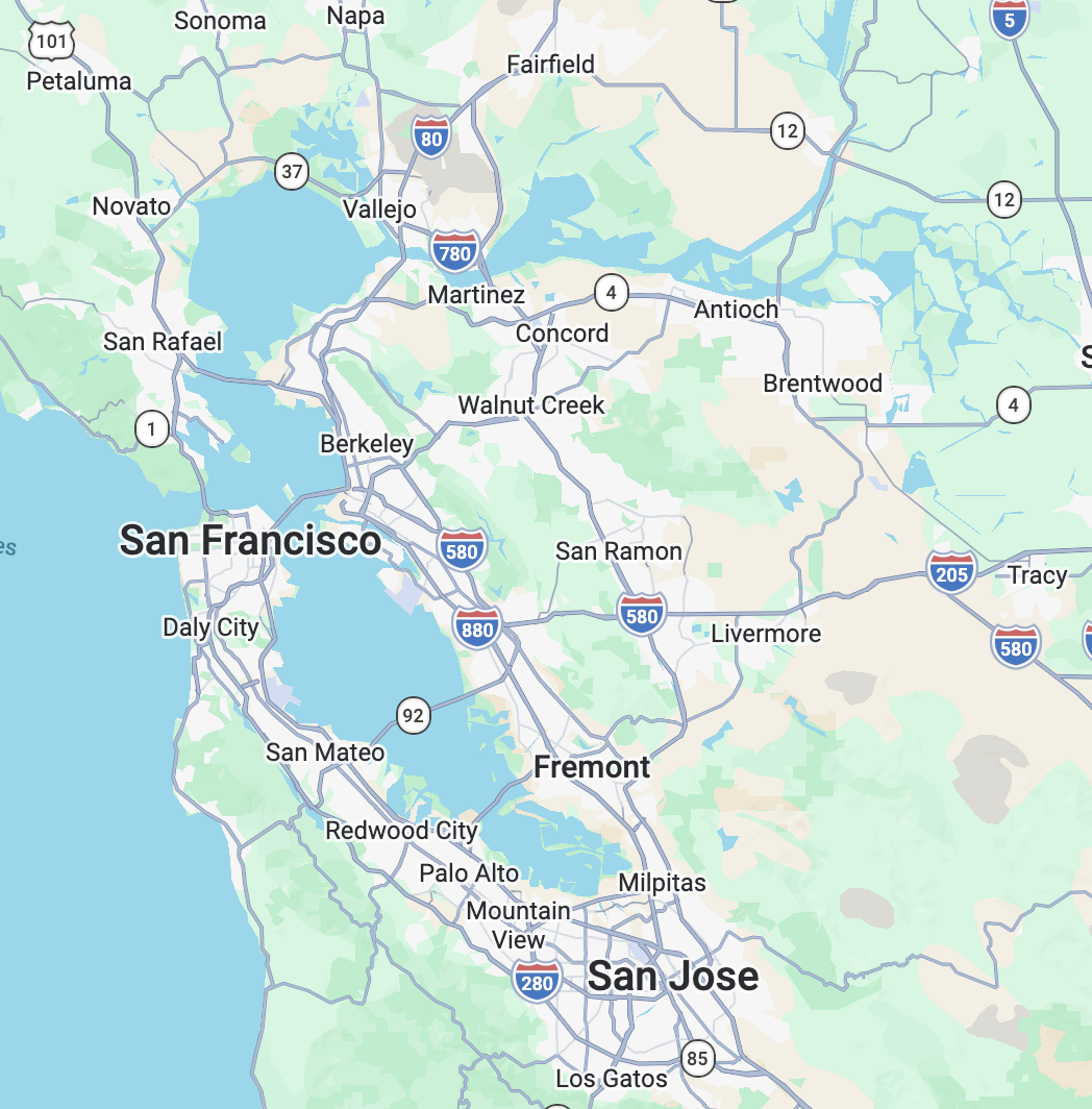 Map of the Bay Area showing Moreno Construction's service regions